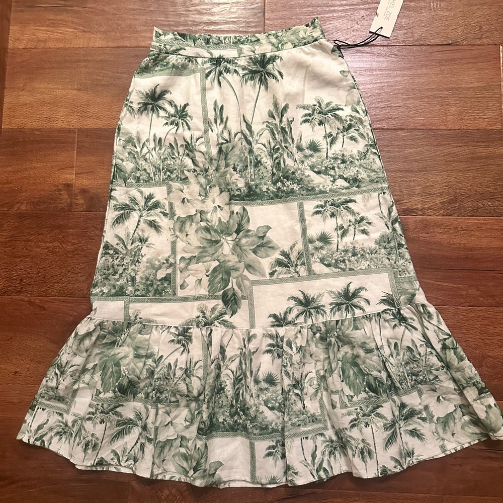 Rachel Zoe Linen Midi Green Print Skirt sz xs